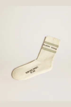 Golden Goose Calzini Bianco Vissuto Con Dettagli Distressed E Stripes Verdi Salvia
