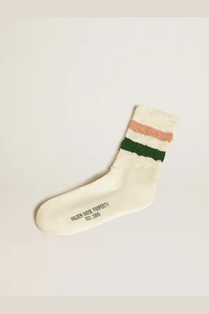 Golden Goose Calzini Bianco Vissuto Con Dettagli Distressed E Stripes Rosa E Verdi