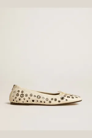 Golden Goose Ballerine Amy In Nappa Bianca Con Borchie Color Argento