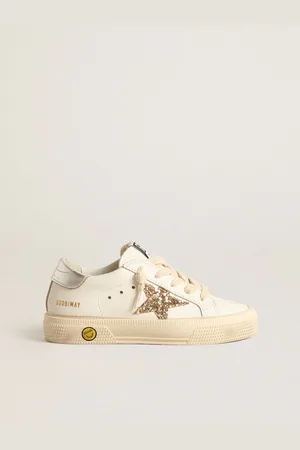 Golden Goose May Teen In Pelle Bianca Con Stella In Glitter Oro E Talloncino Argento