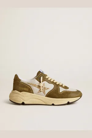 Golden Goose Running Sole Donna In Rete E Suede Marrone Con Stella In Glitter Oro