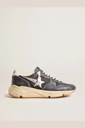 Golden Goose Running Sole Uomo In Nappa Blu Scuro E Nylon Nero Con Stella Argento
