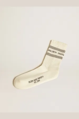 Golden Goose Calzini Di Color Bianco Con Dettagli Distressed E Stripes Grigie
