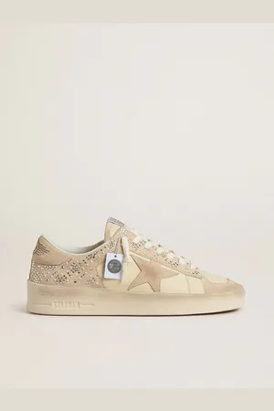 Golden Goose Stardan In Suede E Pelle Color Crema Con Swarovski E Stella In Suede