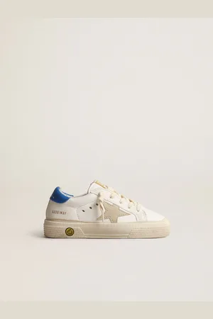 Golden Goose May Teen Bianca Con Stella In Suede Grigia E Talloncino Blu