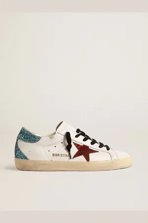 Golden Goose Super-star Donna Con Stella In Suede Bordeaux E Talloncino In Glitter Azzurro