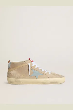 Golden Goose Mid Star Uomo In Suede Beige Con Stella E Talloncino In Pelle Azzurro Polvere