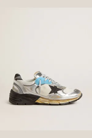 Golden Goose Dad-star Donna In Rete E Pelle Laminata Argento Con Stella In Suede Nero