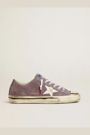 Golden Goose V-star Donna Lab In Pelle E Glitter Lilla Con Stella Bianca E Linguetta In Glitter Argento