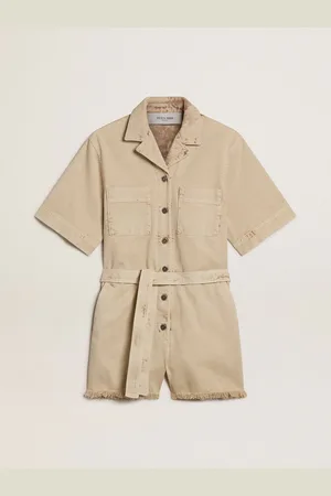 Golden Goose Tuta Corta Da Donna In Denim Beige Con Cintura E Orlo Sfrangiato
