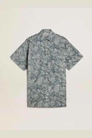Golden Goose Chemisier Corta Da Donna In Popeline Di Cotone Azzurro Con Stampa Marina All-over