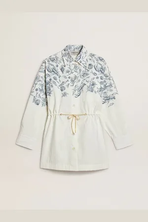 Golden Goose Chemisier Corta Da Donna In Cotone Rigato Bianco Con Stampa Marina Blu