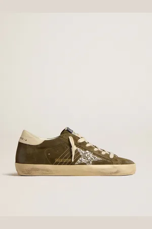Golden Goose Super-star Donna In Suede Verde Con Stella In Glitter E Talloncino Crema