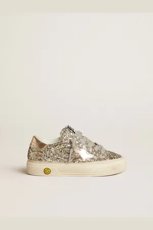 Golden Goose May Teen In Glitter Platino Con Stella E Talloncino In Pelle Laminata Oro