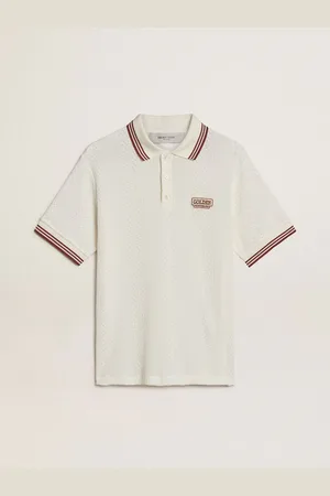 Golden Goose Polo Da Uomo In Maglia Traforata Bianca Con Dettagli A Righe Bordeaux