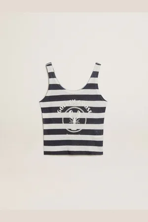 Golden Goose Top Da Donna In Jersey Di Lino A Righe Bianche E Blu Con Stampa Aragosta