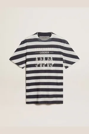 Golden Goose T-shirt Da Uomo A Righe Bianche E Blu Con Stampa Pescheria Golden