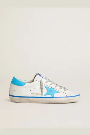 Golden Goose Super-star Donna Ltd In Pelle Bianca Con Stella E Talloncino In Pelle Azzurra