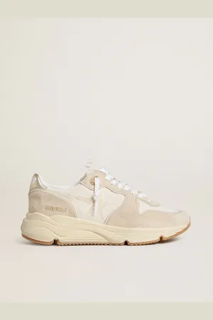 Golden Goose Running Sole Donna In Canvas Con Stella Beige E Talloncino In Pelle Laminata Platino