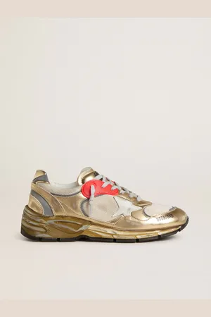 Golden Goose Dad-star Donna In Rete E Pelle Laminata Dorata Con Stella In Pelle Bianca