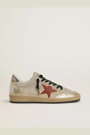 Golden Goose Ball Star In Suede Beige Con Stella In Pelle Rossa E Talloncino In Pelle Laminata Color Bronzo Metallizzato