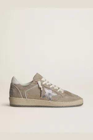 Golden Goose Ball Star Ltd Donna In Suede Beige Con Stella In Pelle Laminata Argento E Talloncino In Pelle Bianca