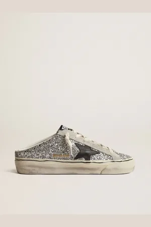 Golden Goose Super-star Sabot Donna In Glitter Argento Con Stella In Pelle Nera