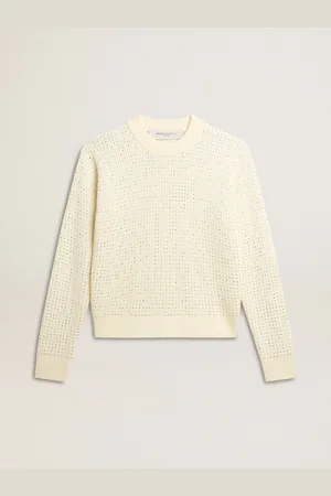 Golden Goose Maglia Girocollo Da Donna In Lana Merino Bianca Con Cristalli All-over