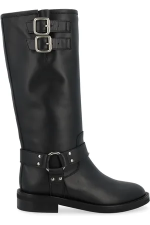 Via Roma Stivale biker in pelle nera con fibbie argento
