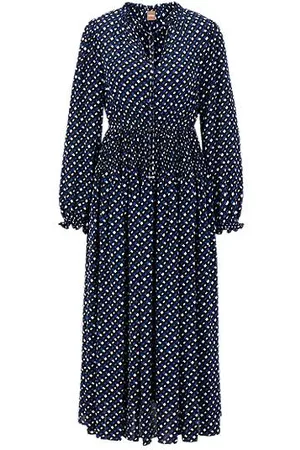 HUGO BOSS Vestito a maniche lunghe con monogrammi stampati e scollatura con fiocco