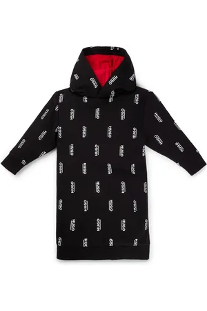 HUGO BOSS Vestito con cappuccio per bambine in pile con loghi stampati in verticale