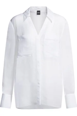 HUGO BOSS Camicetta in ramiè con scollo a V e dettaglio sul colletto