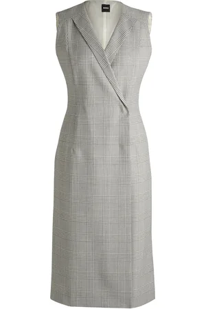 HUGO BOSS Vestito a portafoglio in crêpe di lana vergine a quadri