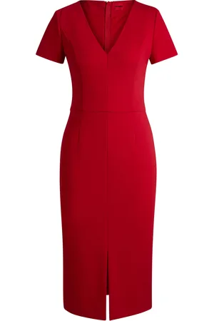 HUGO BOSS Vestito midi slim fit in tessuto elasticizzato con scollo a V