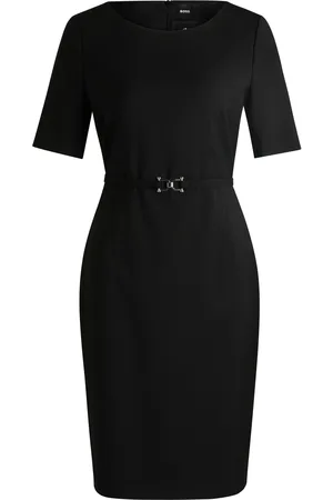 HUGO BOSS Vestito in lana vergine con cintura con dettagli in metallo