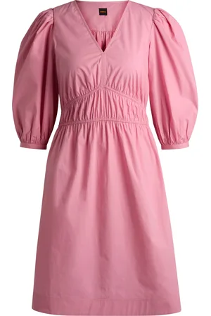 HUGO BOSS Vestito con scollo a V in popeline di cotone con ruche in vita