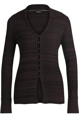 HUGO BOSS Cardigan in tessuto elasticizzato a coste con colletto e scollo a V
