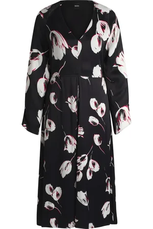 HUGO BOSS Vestito in satin con scollo a V e stampa con tulipani
