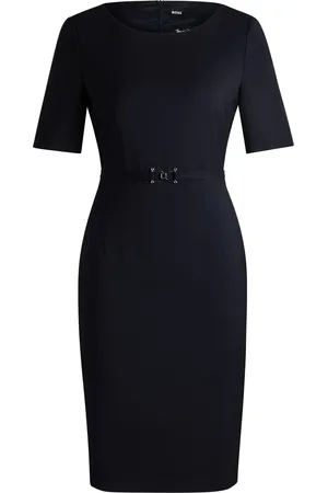 HUGO BOSS Vestito in lana vergine con cintura con dettagli in metallo