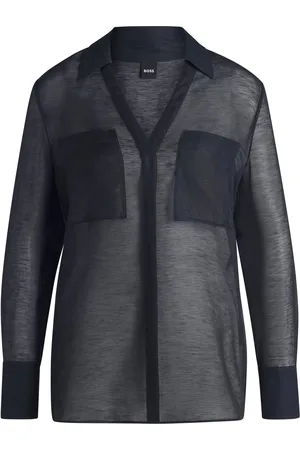 HUGO BOSS Camicetta in ramiè con scollo a V e dettaglio sul colletto