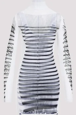 Jean Paul Gaultier Spandex Mesh Printed Feathers Mariniere Mini Dress M