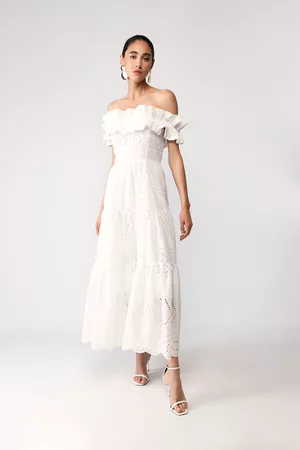 Imperial Donna Vestiti eleganti - Abito lungo effetto pizzo sangallo con scollo alla Bardot