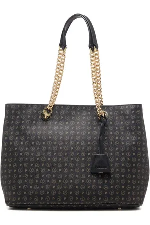 Pollini Shopping donna con manici in catena e stampa logo nero