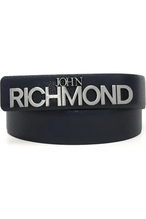 John Richmond Cintura da uomo in vera pelle blu effetto martellato e placchetta logo in metallo