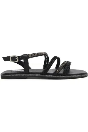Inuovo Sandali bassi da donna con fascette intrecciate con strass e borchie in pelle nera black