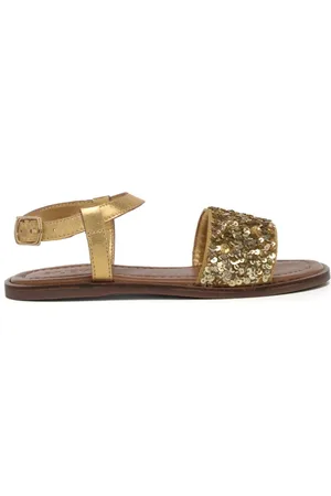 Inuovo Sandali bassi da donna con paillettes in pelle laminata dark gold oro