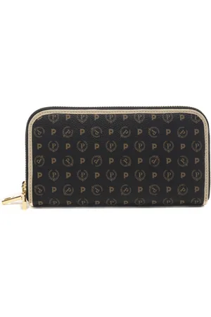Pollini Portafoglio da donna con logo pattern all over e chiusura con zip nero avorio