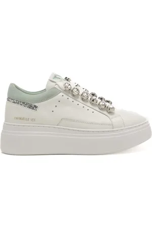Emanuélle vee Sneakers da donna in vera pelle con allacciatura con maxi strass e inserti glitterati bianco argento