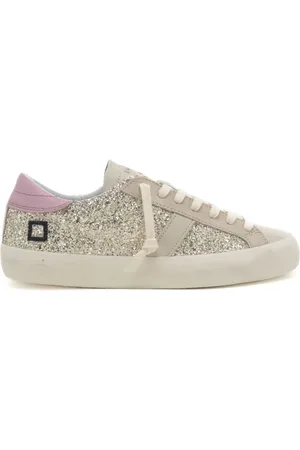 D.A.T.E. Sneakers da donna hill low in vera pelle con tomaia glitterata all over platino