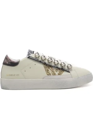 Emanuélle vee Sneakers a cassetta da donna in vera pelle con glitter e allacciatura con strass bianco oro